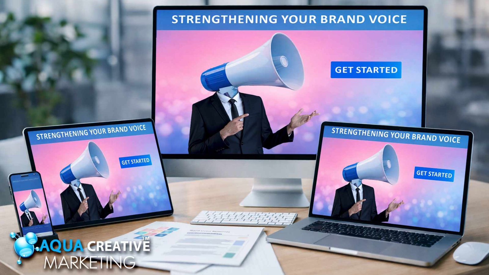 A Brand Messaging Strategy, featuring a megaphone-headed businessman is shown on multiple device screens.