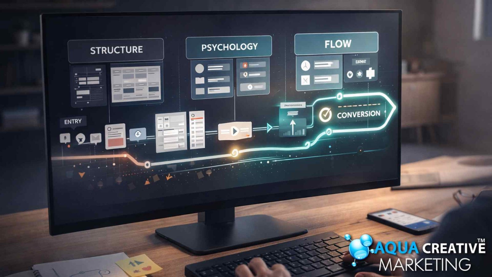 A large monitor displays the pathway of conversion-focused web design on its image. Structure, psychology, and flow are highlighted as the primary elements.