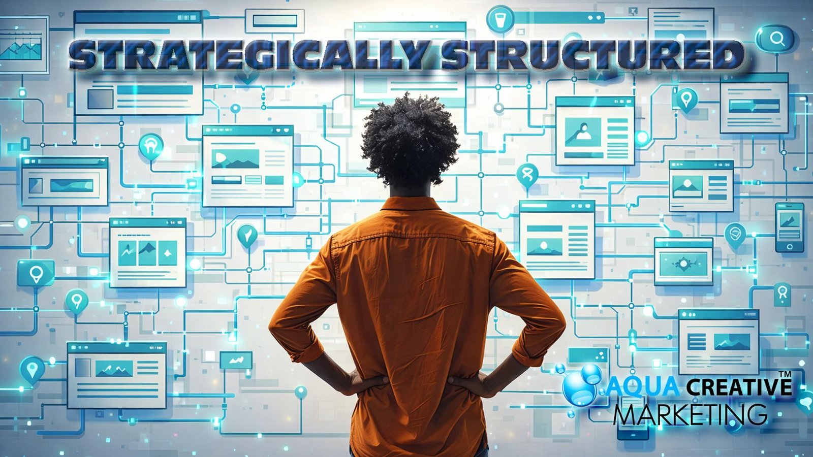 A designer stands in front of a whiteboard displaying the depth of interconnected strategy behind our successful on-page SEO.