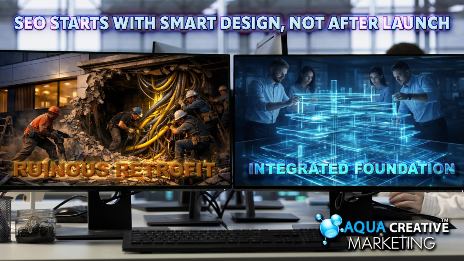 SEO web design displayed on two monitors, one reveals the problems from retrofitting for SEO while the other illuminates the assets of beginning with SEO as site architecture.