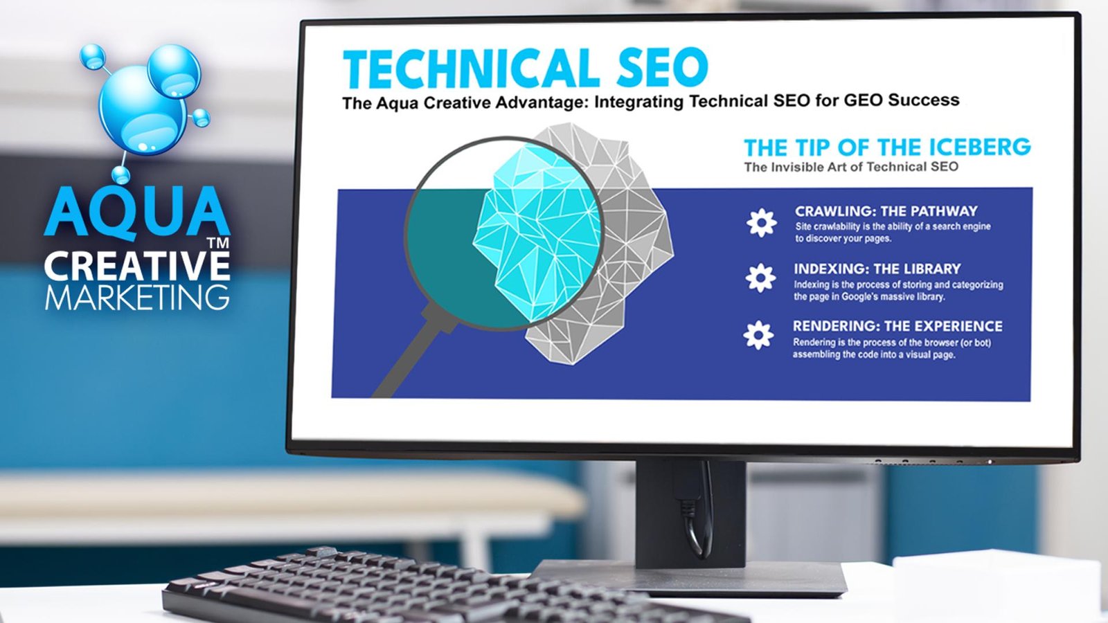 Technical SEO Key elements of Aqua Creative Marketing’s technical SEO strategy are outlined on the screen image of a desktop workstation monitor.