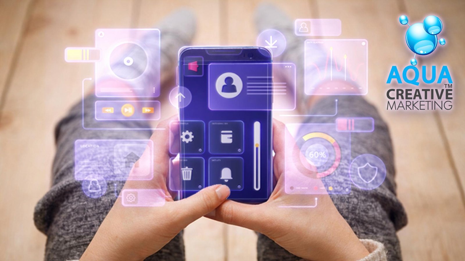 User Experience Design The concept of user experience design is displayed in a holographic flowchart overlay surrounding a seated user's hands while holding a mobile phone.