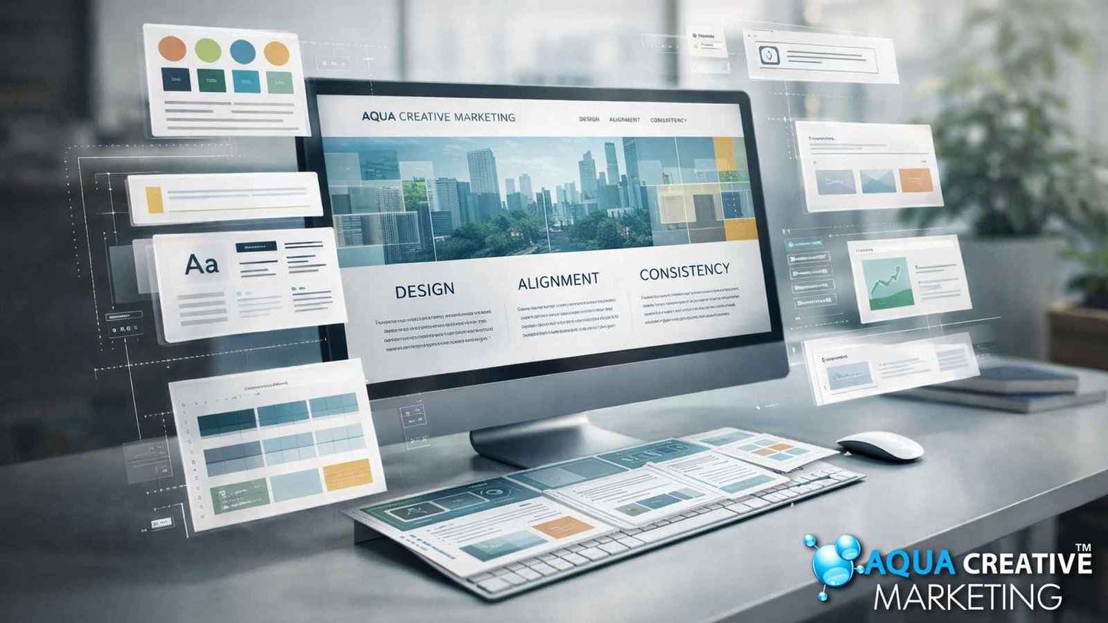 A large monitor displays branding and other strategic elements of professional web design services within its image, its perimeter, and the desktop.