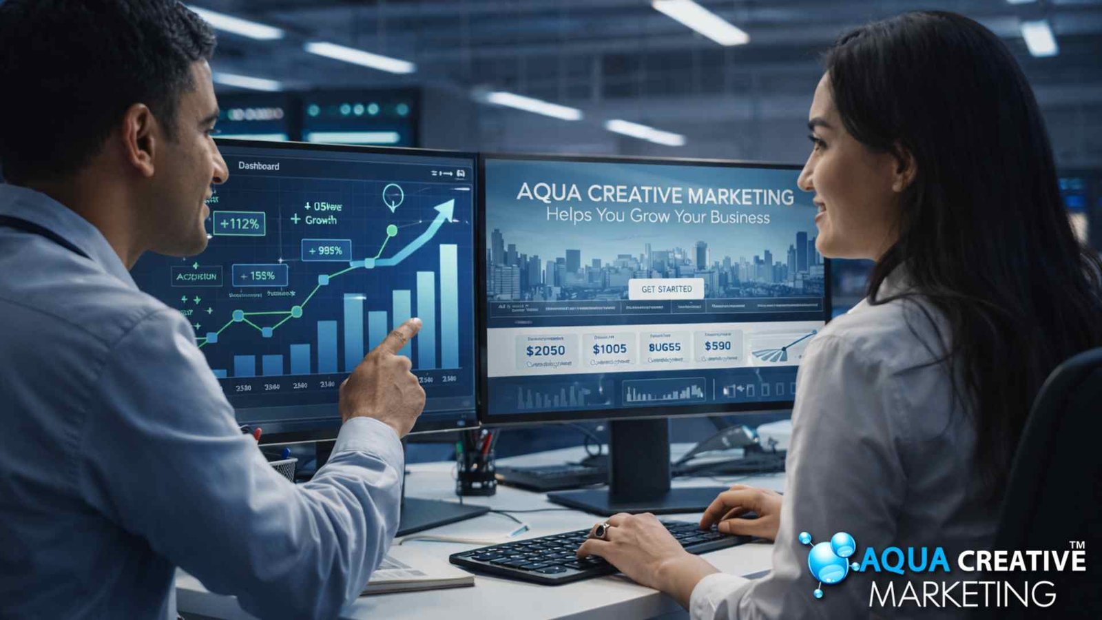 Two businesspeople, a man and a woman, review their professional website design on a large set of monitors.