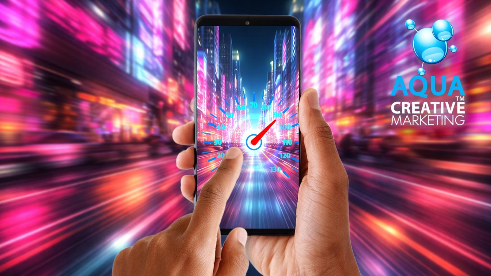 Website Speed Website speed being measured via mobile website speedometer interface in the user's hands while moving through a futuristic cityscape.