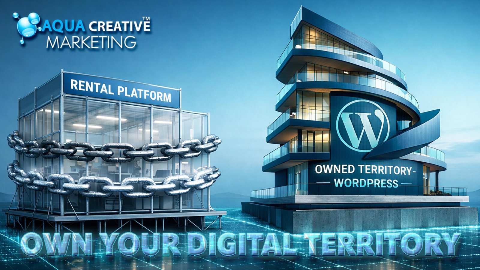 WordPress Web Design WordPress web design is compared to site ownership as using template builders is to renting one via an illustration of two different buildings.